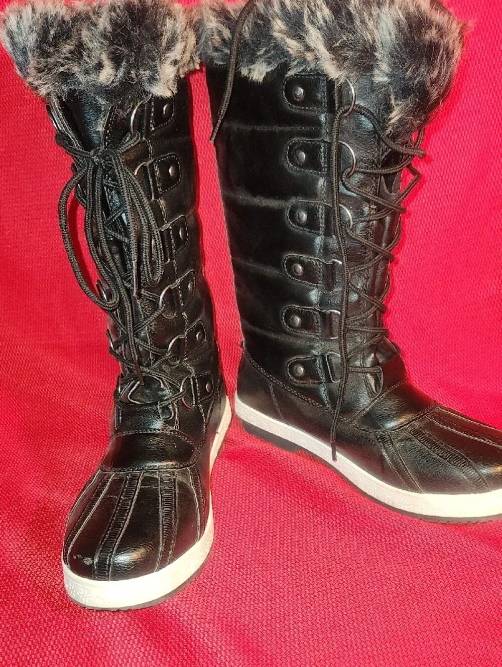 JustFab Black Faux-Fur Lace-Up Winter Boots with White Sole